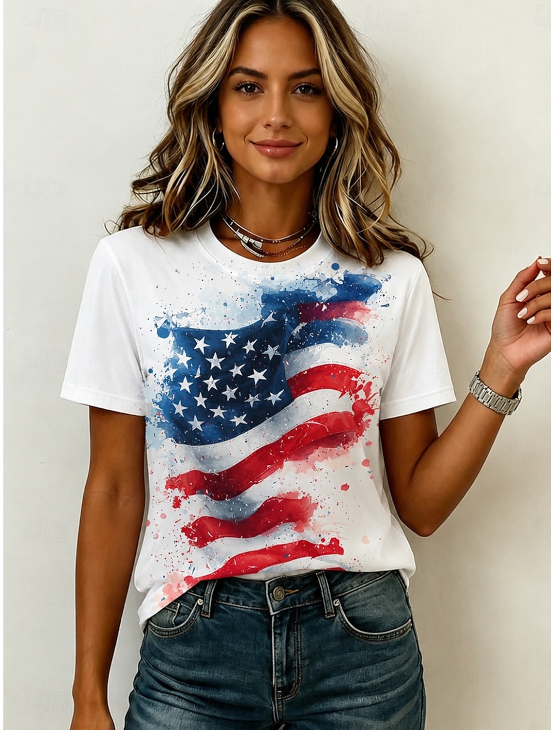 American Independence Day Women's Blouse Patchwork Buttons Print Graphic American Flag Vintage Stylish Half Sleeve V Neck Regular Tops Casual Daily Holiday Blue Red Summer Spring