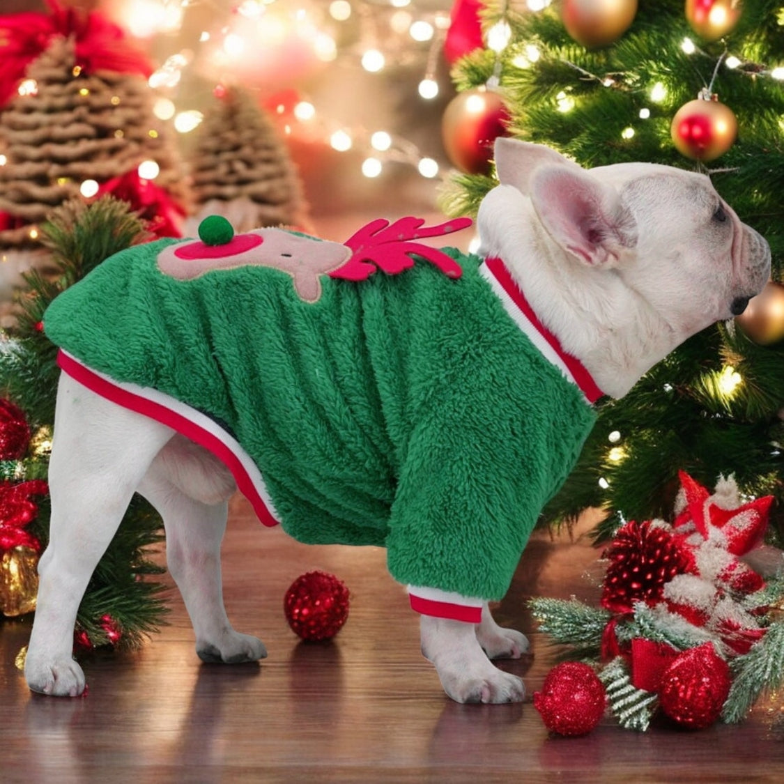 Durable Frenchie Coral Fleece Christmas Sweater - Festive Reindeer Ho...