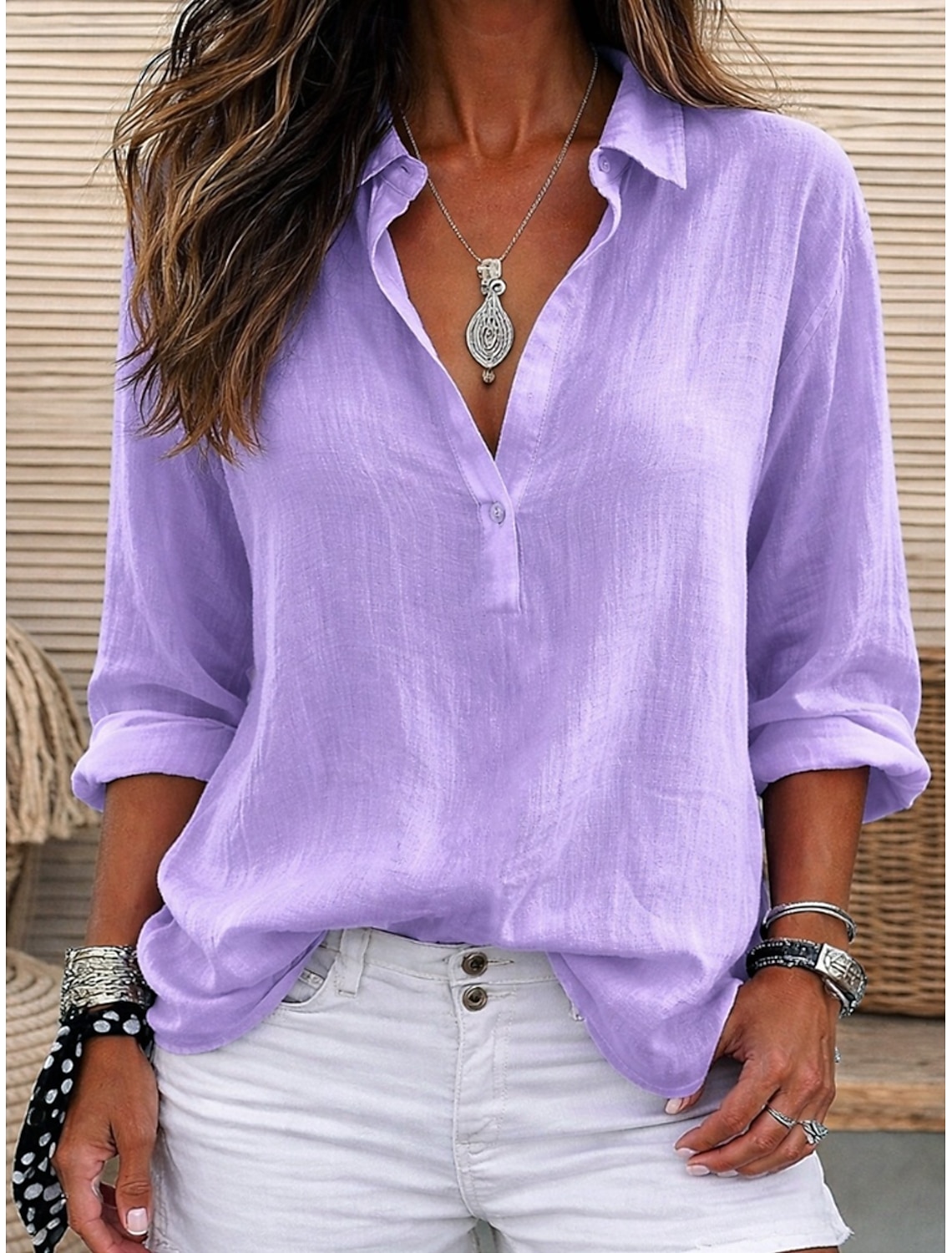Women's Linen-feel Shirts Blouse Faux Linen Shirt Buttons Solid Color Stylish Casual 3/4 Length Sleeve V Neck Regular Tops Daily White Light Green Pink Purple Summer Spring Fall