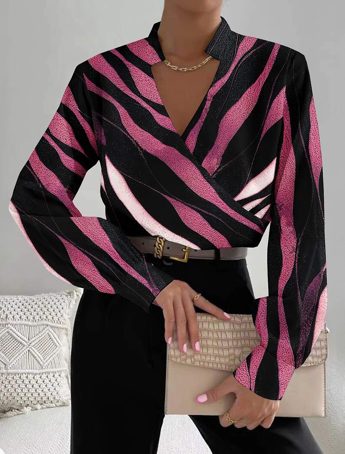 Women's Shirt Blouse Fashion Striped Print Long Sleeve Regular Tops V Neck Work Spring & Fall