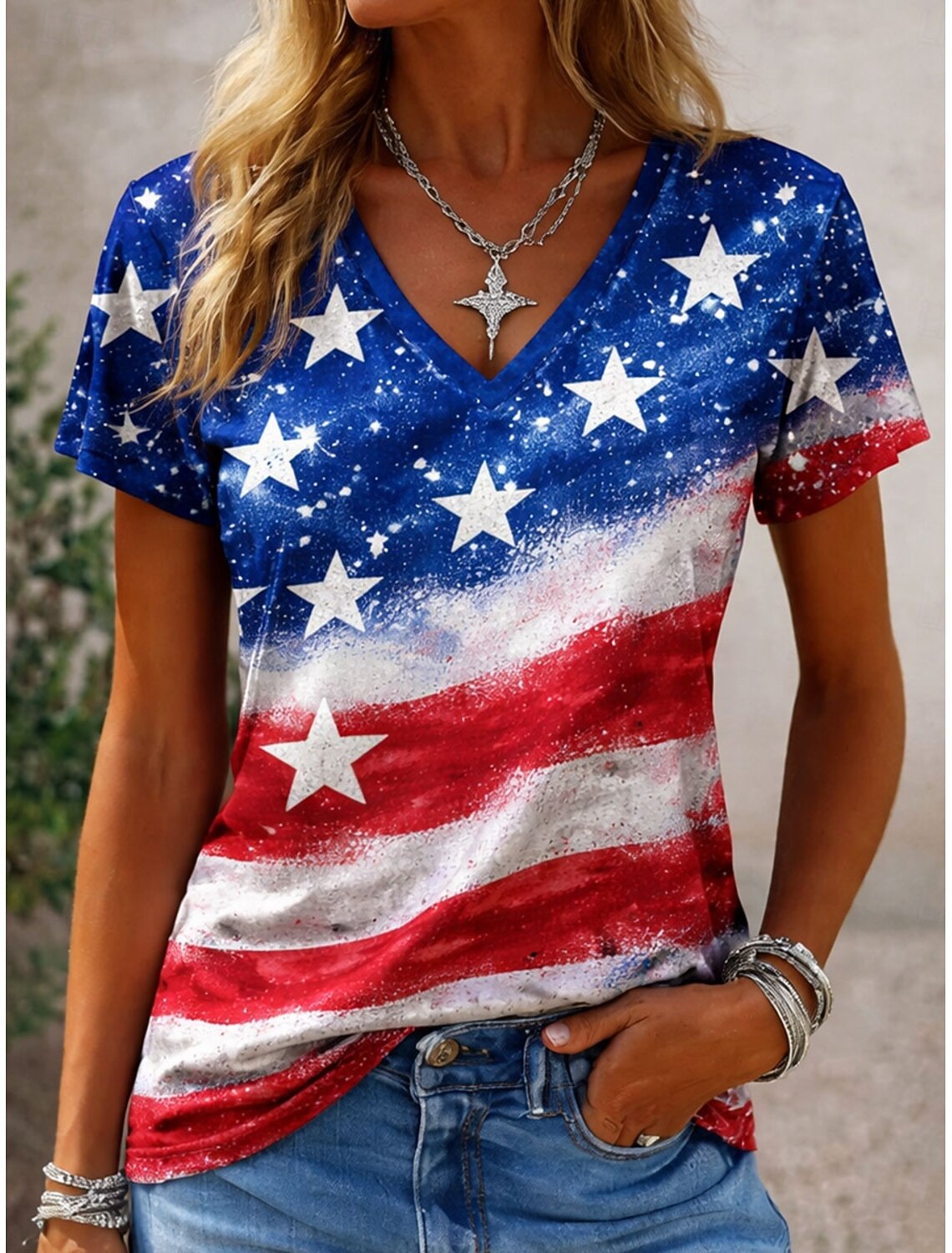 American Independence Day Women's T Shirt Print Graphic Flag Vintage Stylish Classic Short Sleeve V Neck Regular Tops Daily Blue Purple Green Summer Spring