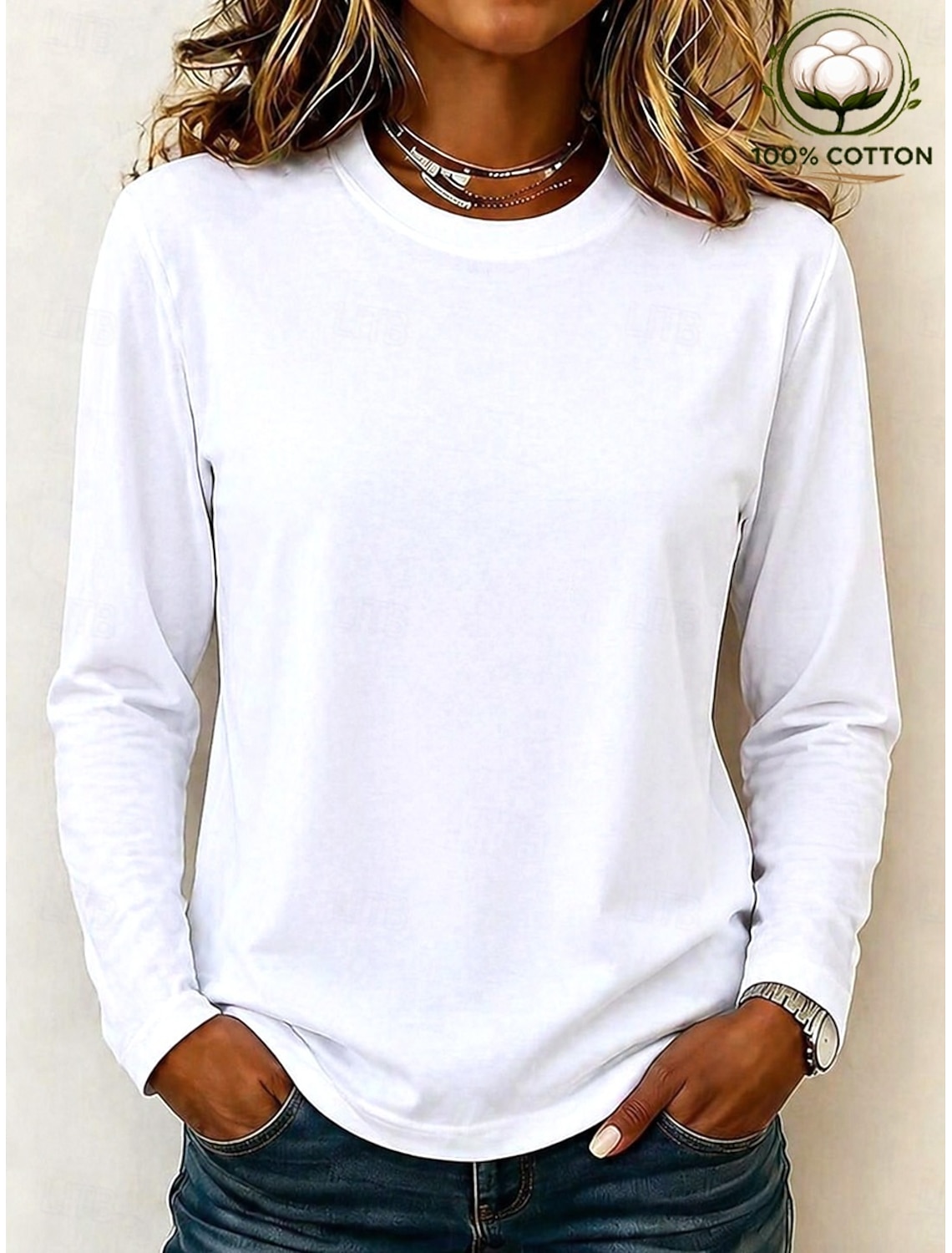 Women's 100% Cotton T-Shirts - Quality Heavy Long Sleeve Crew Neck Tee