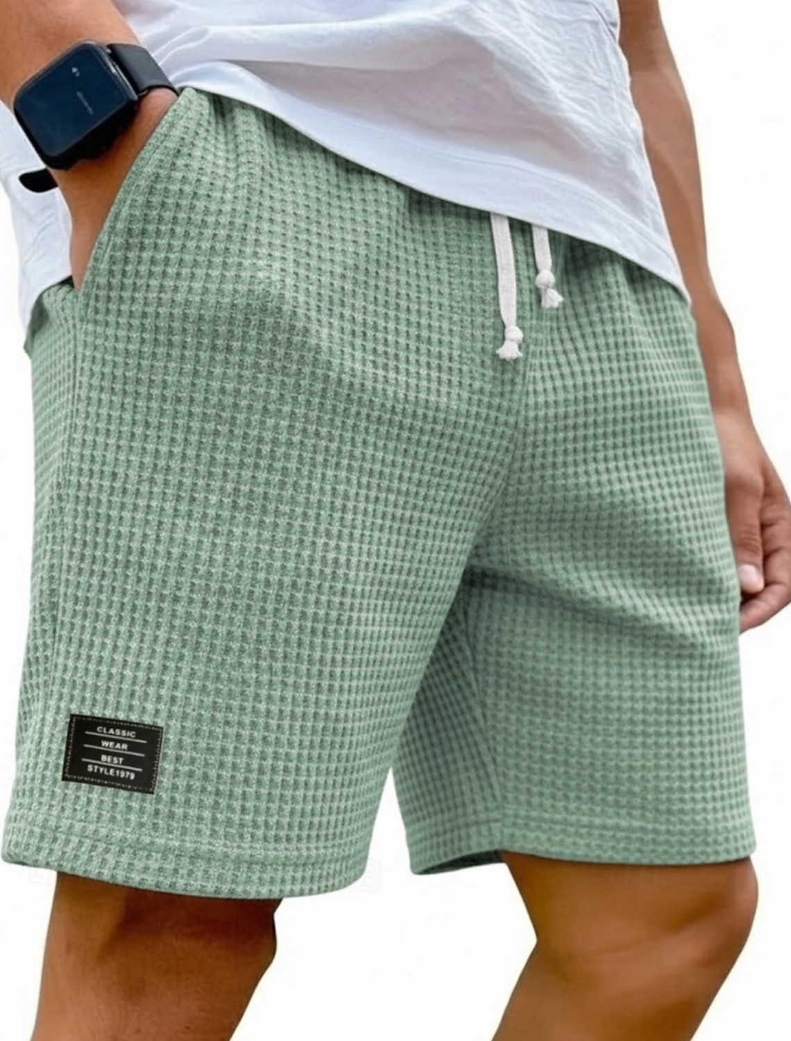 Men's Waffle Shorts Shorts Summer Shorts Beach Shorts Casual Shorts Pocket Elastic Waist Plain Comfort Breathable Knee Length Casual Outdoor Beach Vacation Fashion Black White Micro-elastic