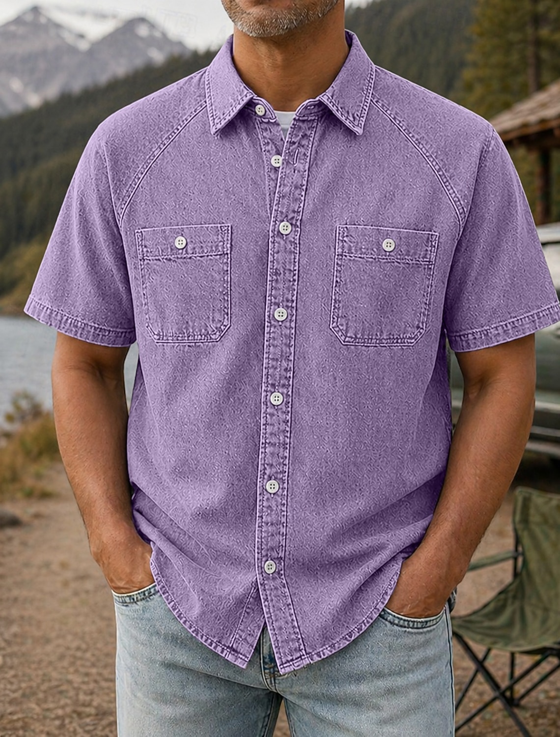 Men's Shirt Casual Shirt Work Shirt Garment Dyed Acid Wash Shirt Black Light Green Purple khaki Military Green Short Sleeve Plain Shirt Collar Casual Daily Front Pocket Clothing Apparel Cotton