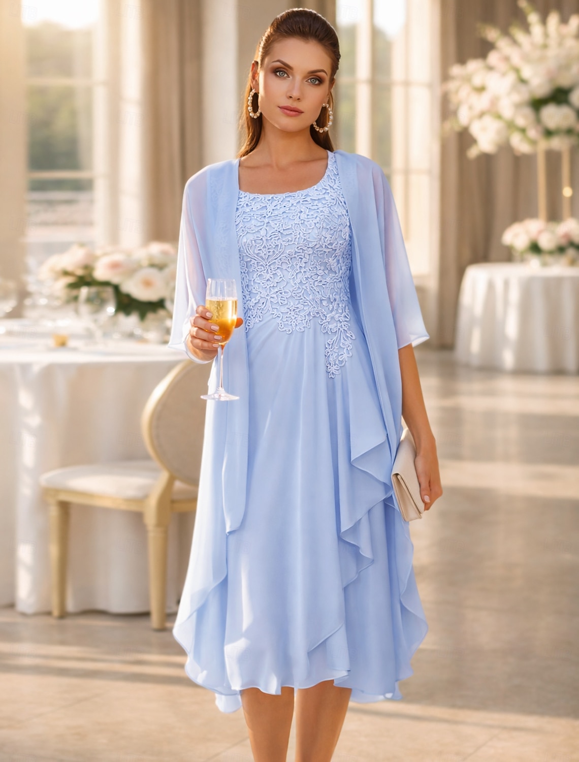 Two Piece A-Line Knee Length Wedding Guest Dress Mother of the Bride Dress Sleeveless Scoop Neck Elegant Wedding Guest Wedding Party Chiffon Lace Jacket Dresses with Pleats Appliques