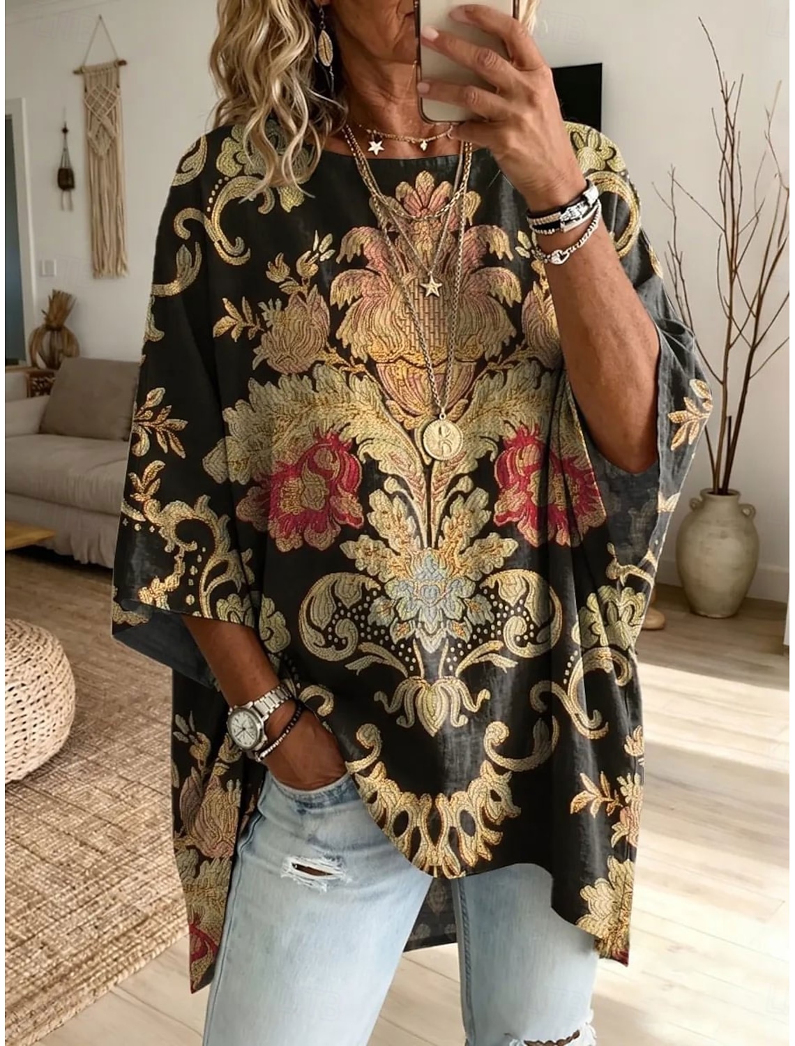 Women's Blouse Print Floral Graphic Bohemia Daily Ethnic 3/4 Length Sleeve Crew Neck Boat Neck Long Tops Casual Daily Holiday Black Pink Purple Green Summer Spring