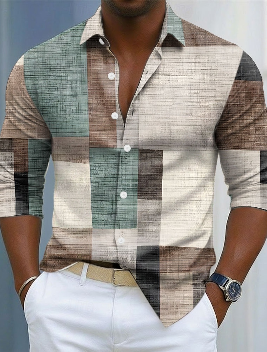Men's Geometric Color Block Patchwork Shirt Button Up Long Sleeve
