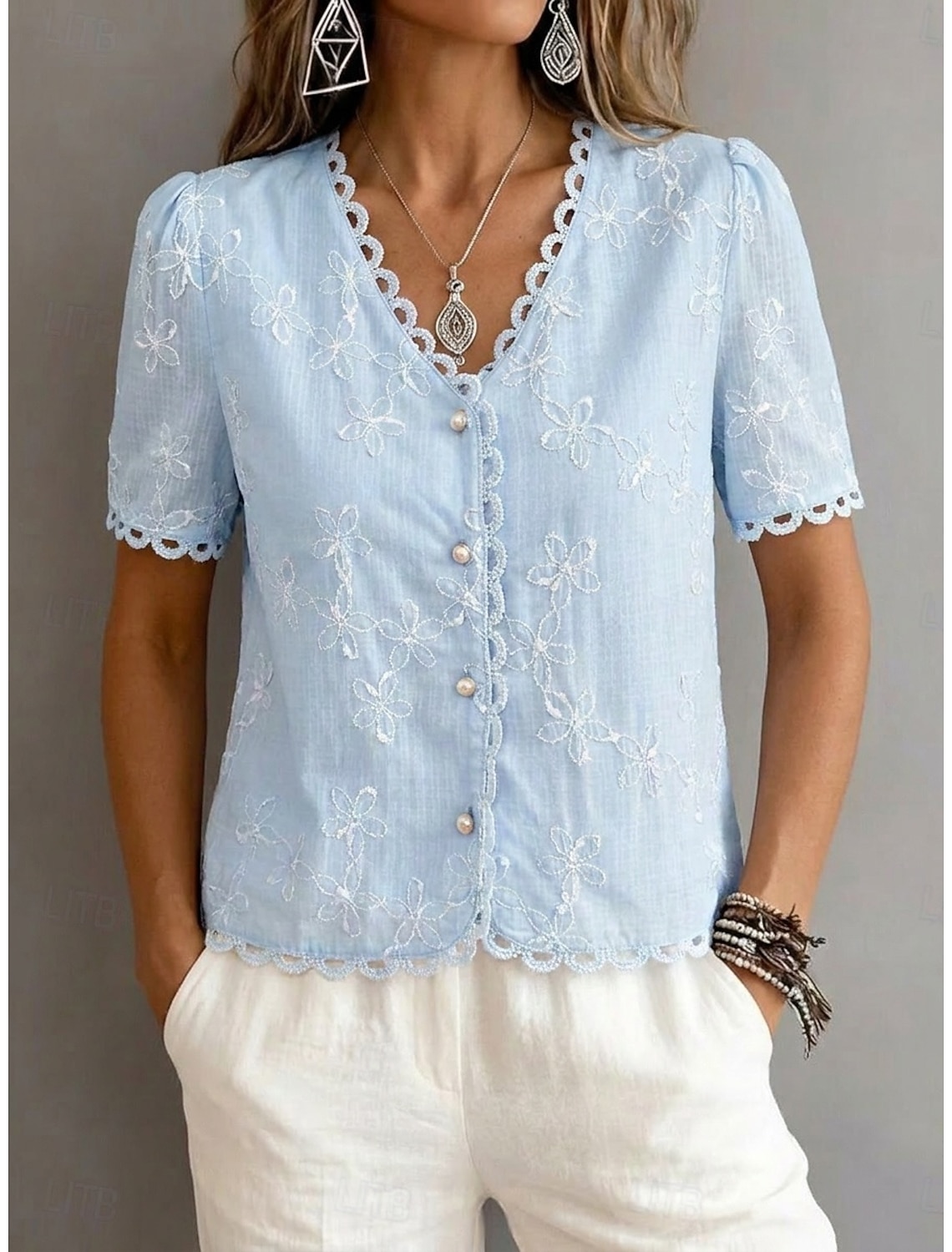 Women's Blouse Chiffon Tops Lace Tops Embroidered Floral Stylish Modern Short Sleeve V Neck Regular Tops Daily Beach Holiday Blue Summer Spring
