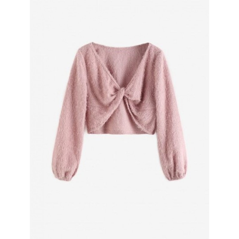 Cropped Twisted Front Fuzzy Textured Top CW6264