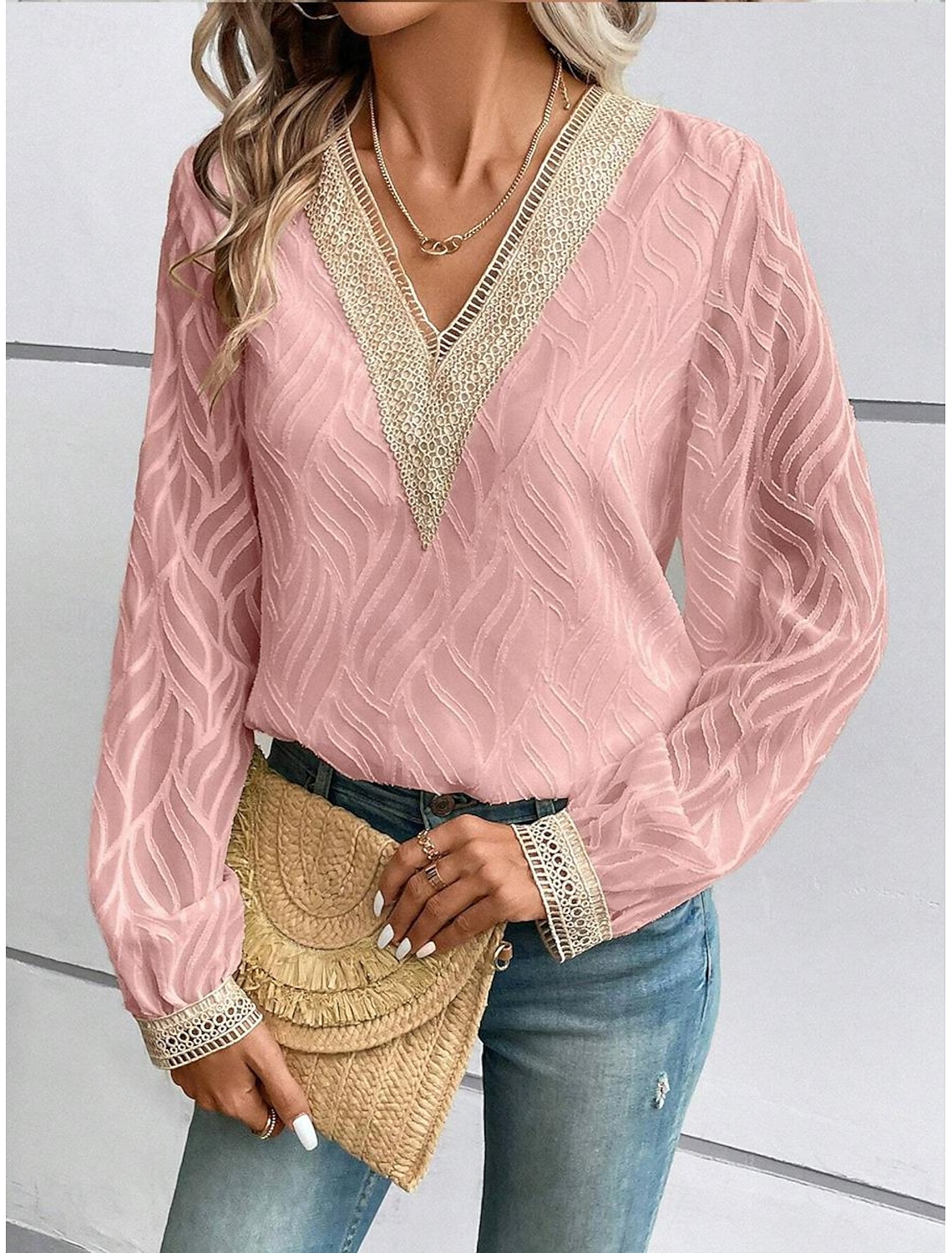 Women's Blouse Dressy Tops Elegant Stylish Solid Color Lace Flutter Sleeve Long Sleeve Regular Tops V Neck Party Daily Summer Spring Fall