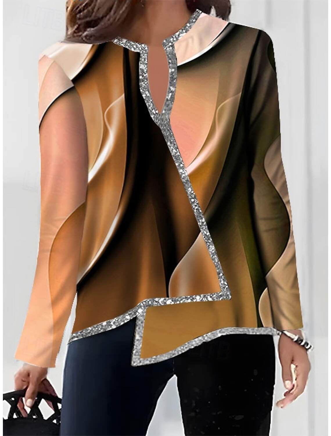 Women's Shirt Blouse Fashion Print Asymmetric Hem Long Sleeve Regular Tops V Neck Casual Fall & Winter