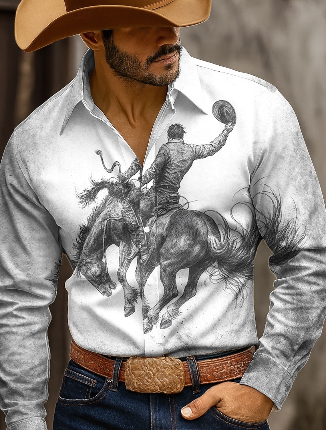 Men's Horse Racing Shirt Button Up Cowboy Long Sleeve Western Style
