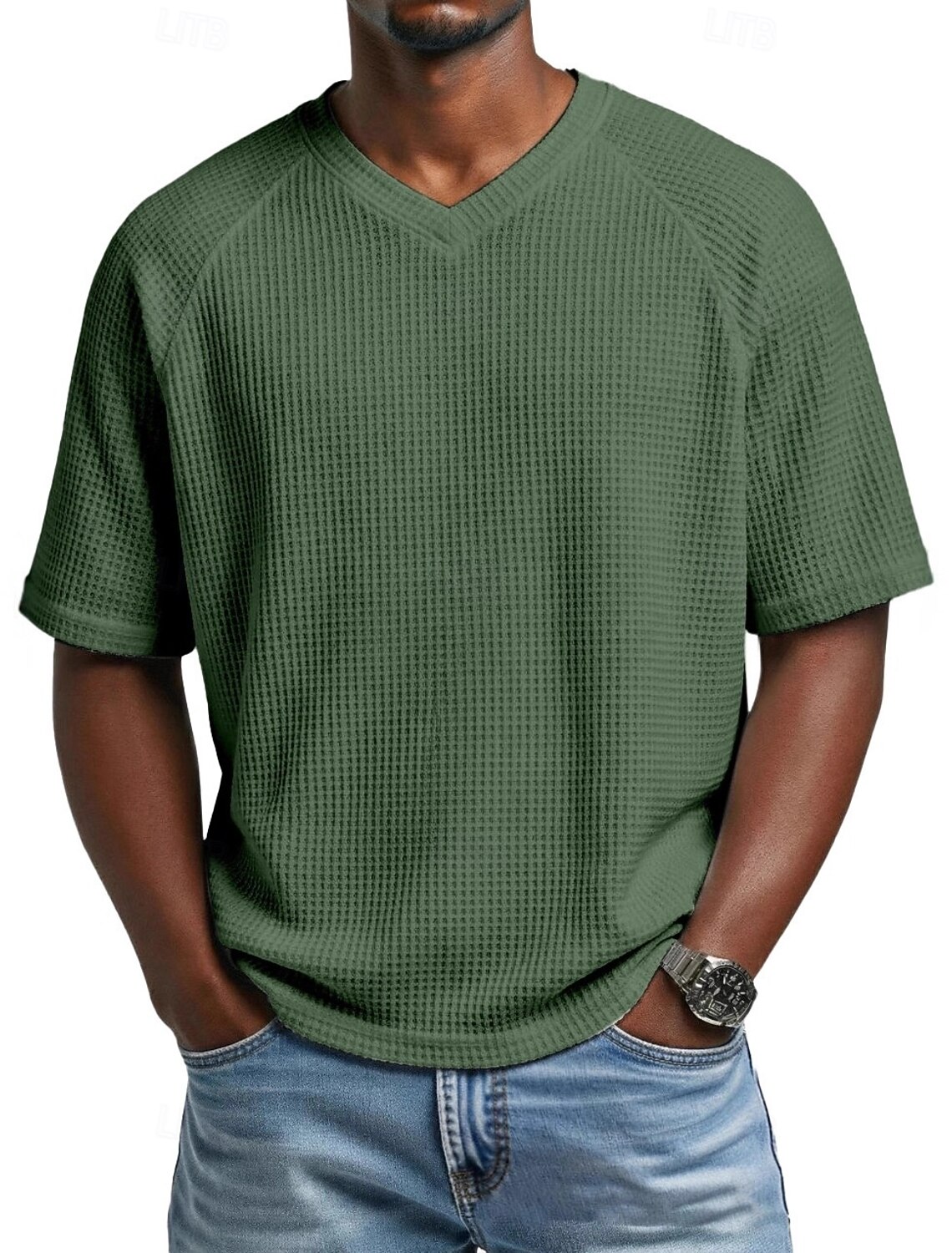 Men Waffle T-shirt Tee Top Short Sleeve V Neck Summer Solid Color