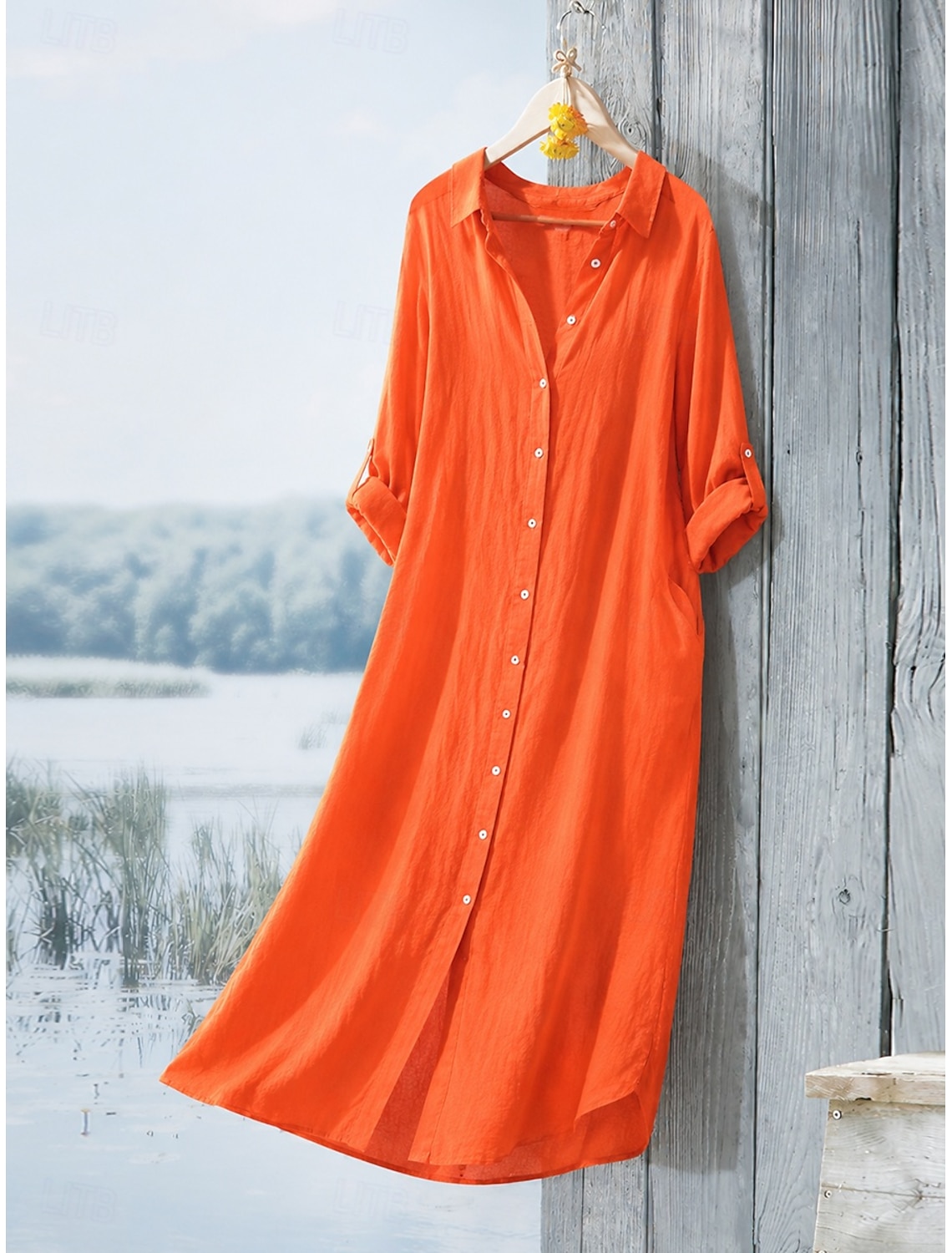 Women's Cotton Linen Maxi Dress Shirt Dress Shift Dress Casual Daily Loose Fit Plain Long Sleeve Lapel Blue Black White Light Green Summer Spring Fall