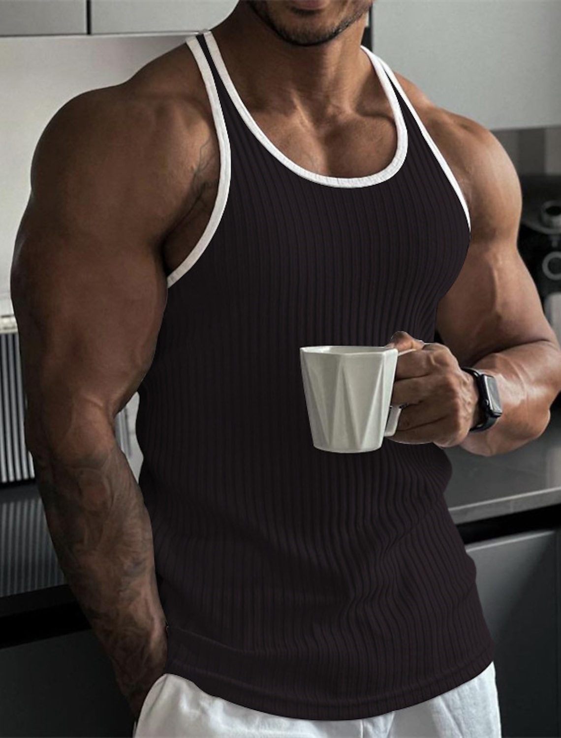 Men's Tank Top Rib Knit Wife beater Shirt Sleeveless Crew Neck Summer