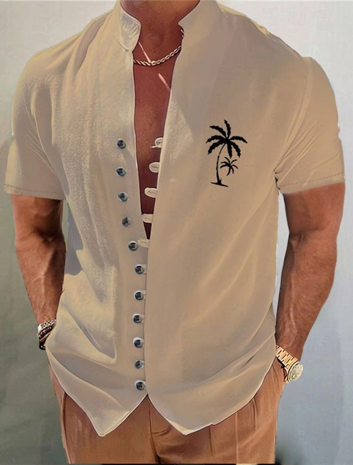 Men's Cotton Linen Shirt Coconut Tree Graphic Prints Stand Collar White Blue Khaki Gray Outdoor Street Short Sleeve Print Clothing Apparel Fashion Streetwear Designer Casual