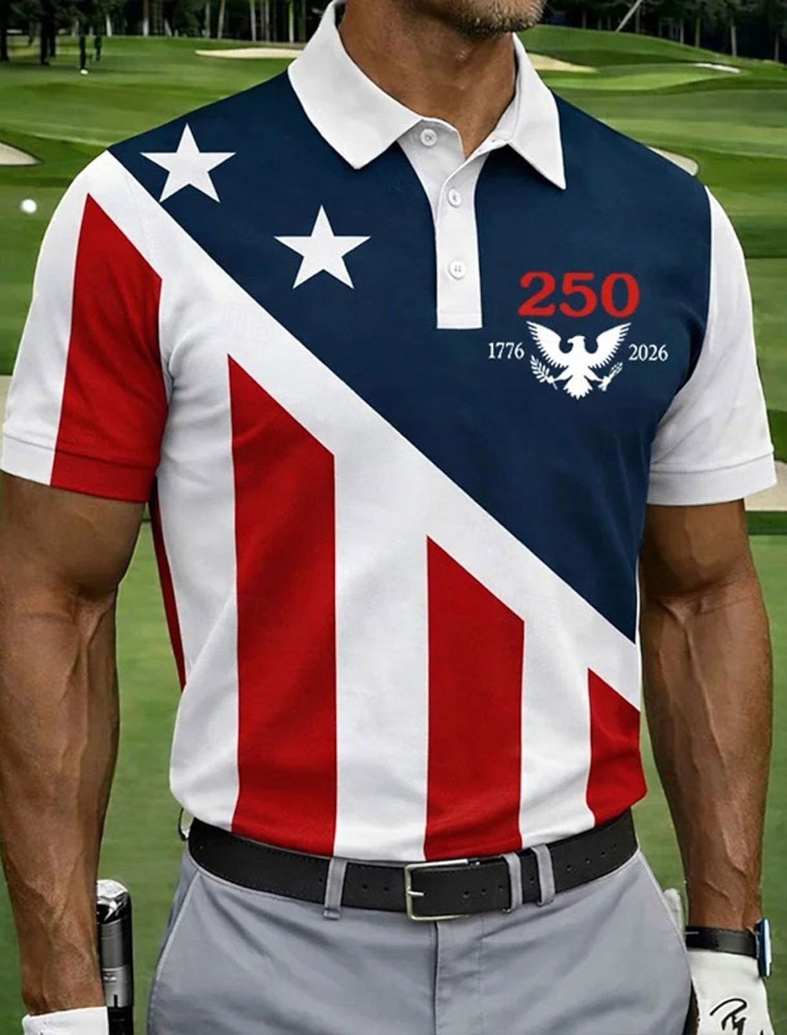4th of July 2026 250th Men's American US Flag Golf Sports Polo Shirts Short Sleeve Polo Shirts Collared Shirts Casual Athleisure Buttons Spring & Summer Blue White Red