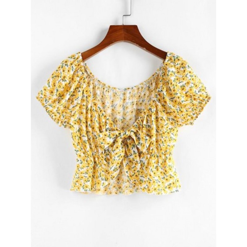 Ditsy Print Tie Front Peplum Blouse OX4841