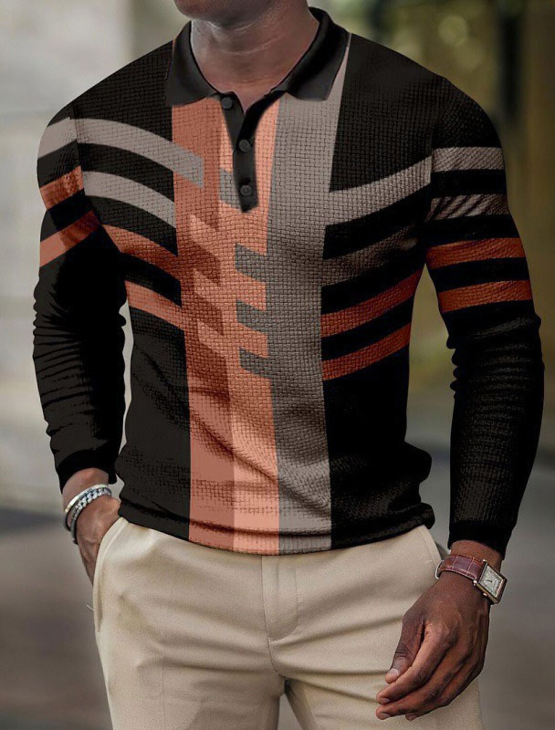 Men's Plaid Waffle Polo Shirts Golf Shirt Long Sleeve Collared Vintage