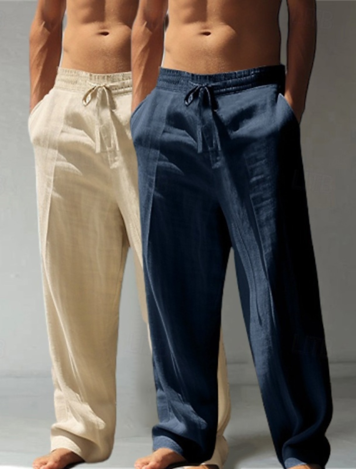 Men's Linen Pants Trousers Summer Baggy Beach Drawstring Elastic Waist