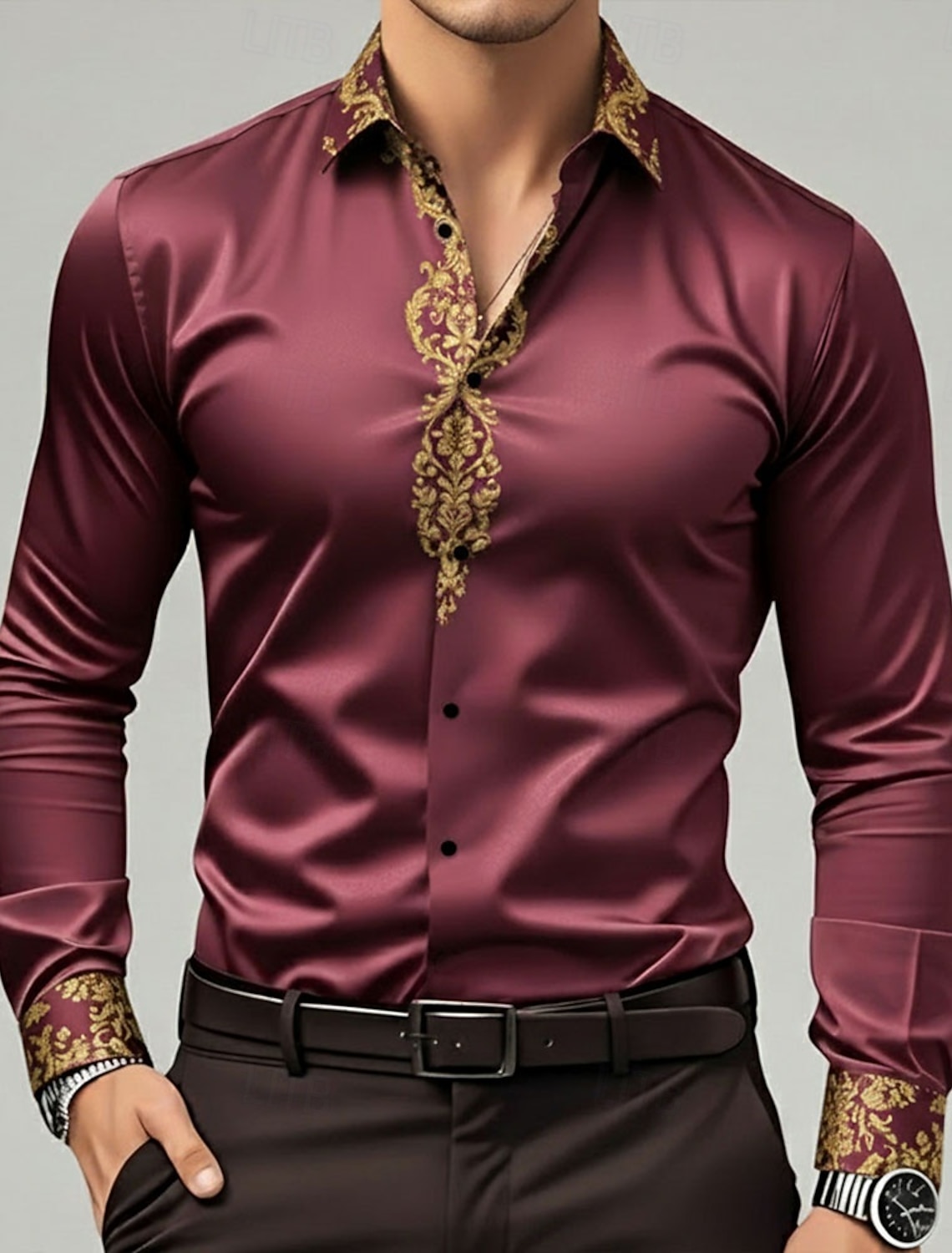 Men's Floral Print Ethnic Flowers Shirt Satin Dress Long Sleeve