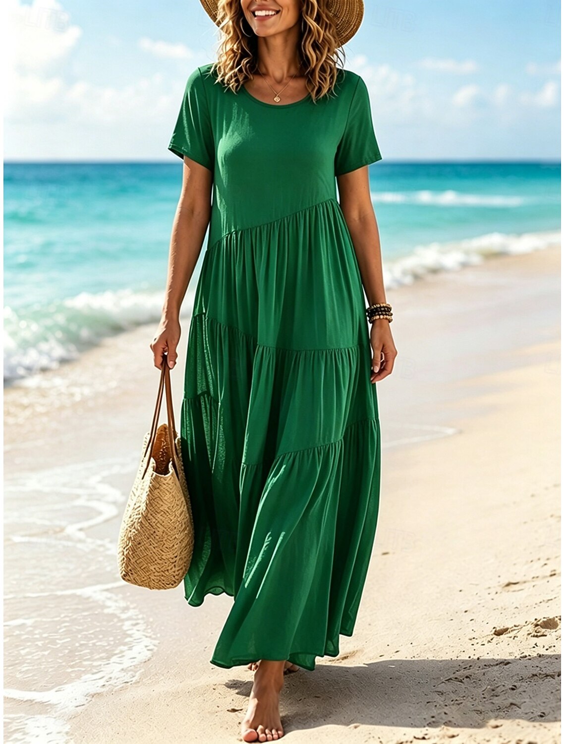 Women's Vintage Crew Neck Ruffle Pleated Asymmetric Maxi Dress Khaki Black White Pink Summer