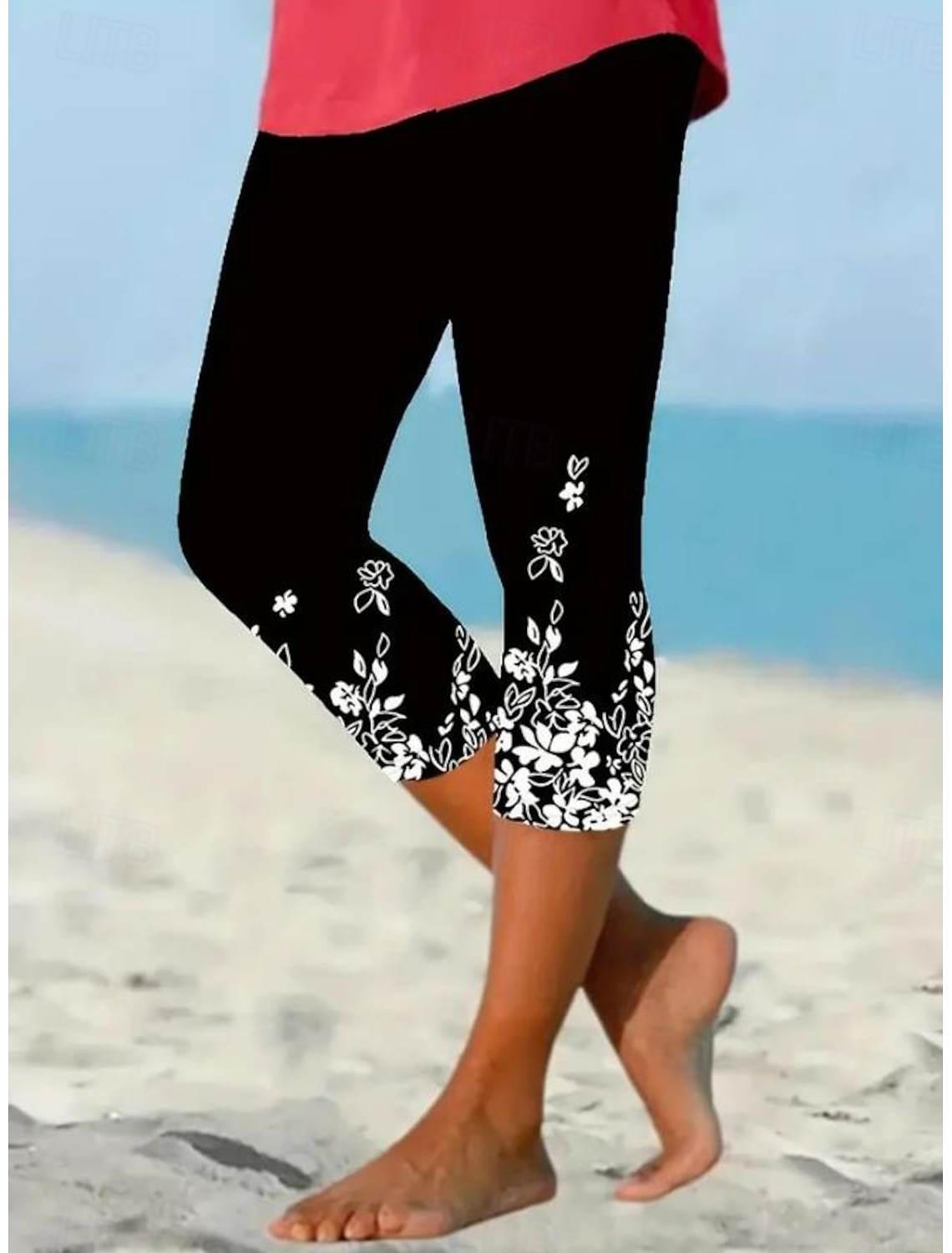 Women's Leggings Capri Pants High Elasticity Fashion Streetwear Full Length Mid Waist Floral Printing Thermal Warm Breathable Soft Outdoor Daily Beach Buff Black Blue Sky Blue Summer Spring