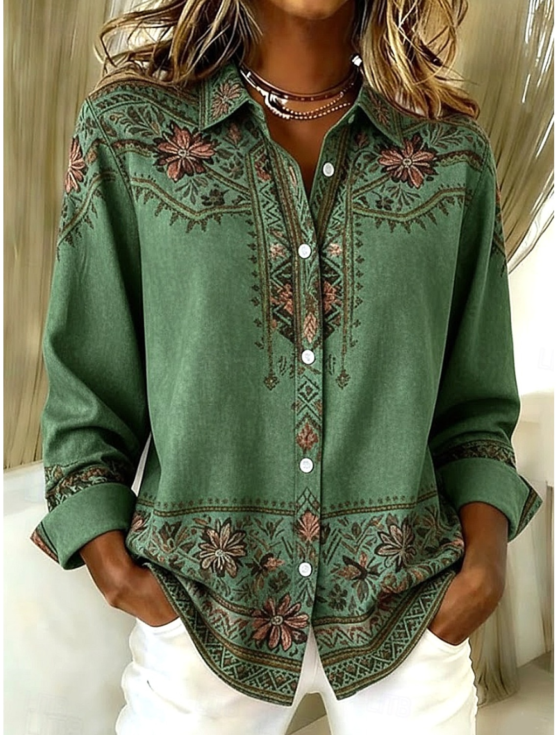 Women's Shirt Blouse Patchwork Buttons Print Graphic Geometric Plaid Vintage Tropical Daily Long Sleeve V Neck Shirt Collar Long Tops Daily Beach Wear Vacation Wear Blue Black And White Pink Green
