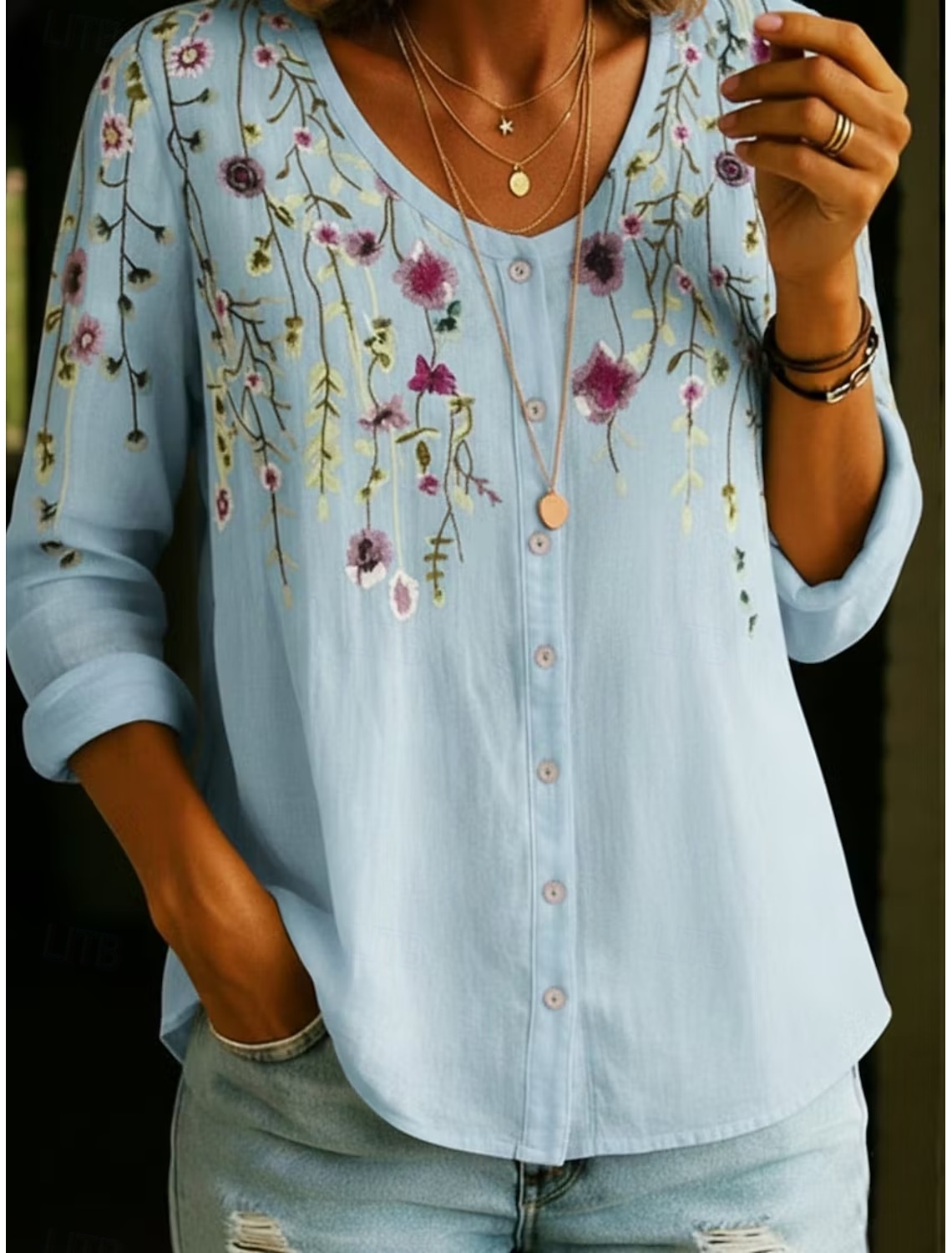 Women's Shirt Buttons Print Floral Graphic Vintage Daily Stylish Long Sleeve V Neck Regular Tops Casual Daily Blue Black White Yellow Pink Summer Spring