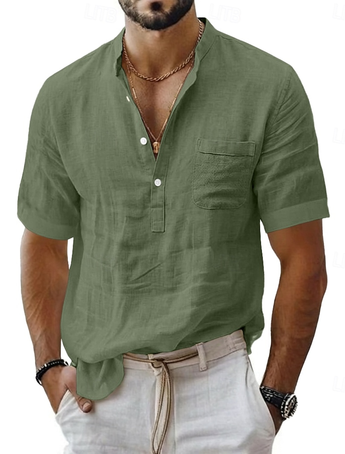 Men's Linen Shirt Popover Summer Beach Wear Band Collar Plain Casual
