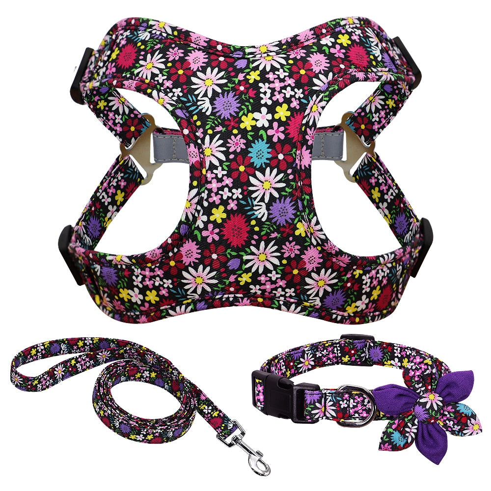 French Bulldog Flower Printed Harness Set For French Bulldog (ws243) Practical Dog Gear