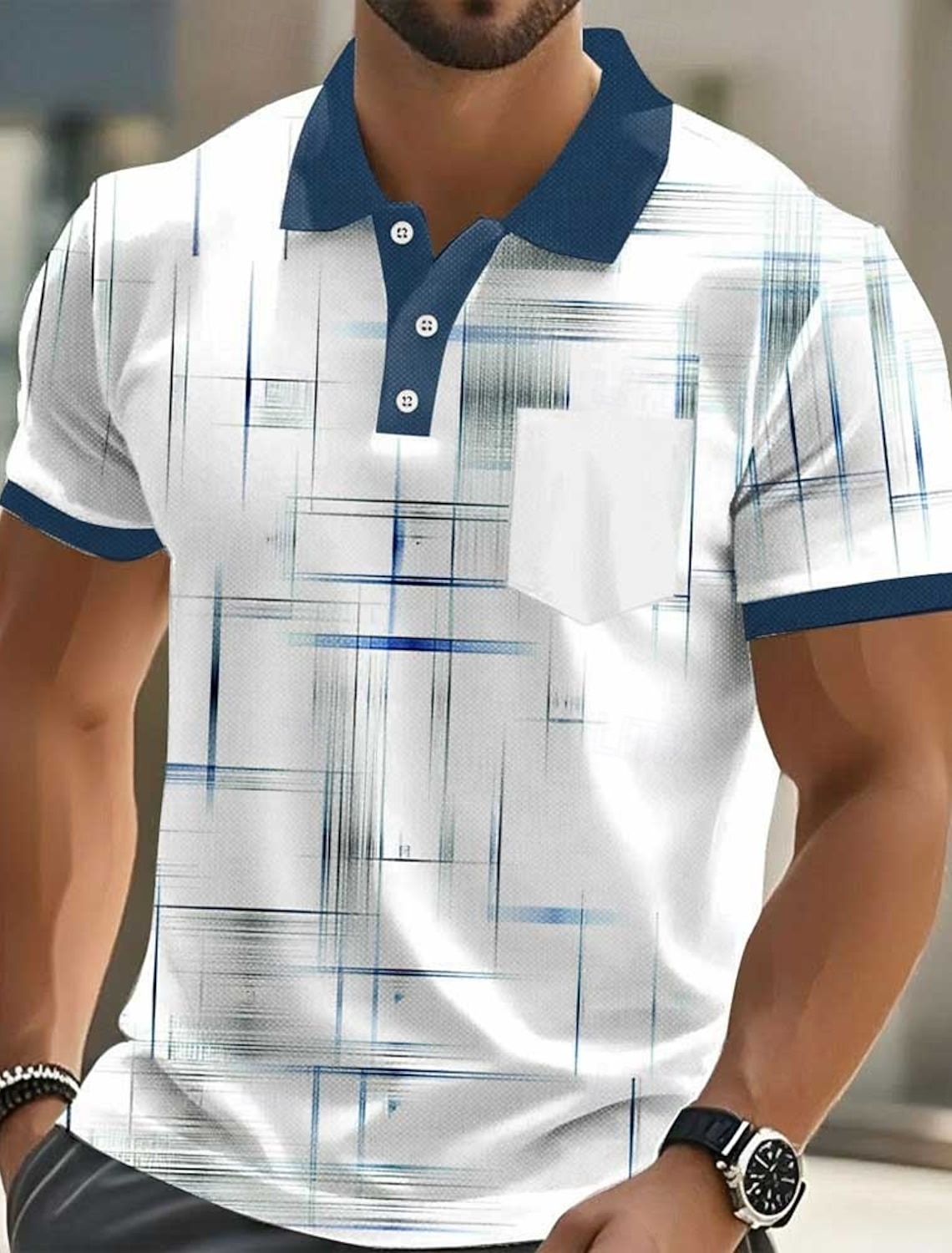 Men's Geometic Line Polo Short Sleeve Shirts Collared Business Casu #1