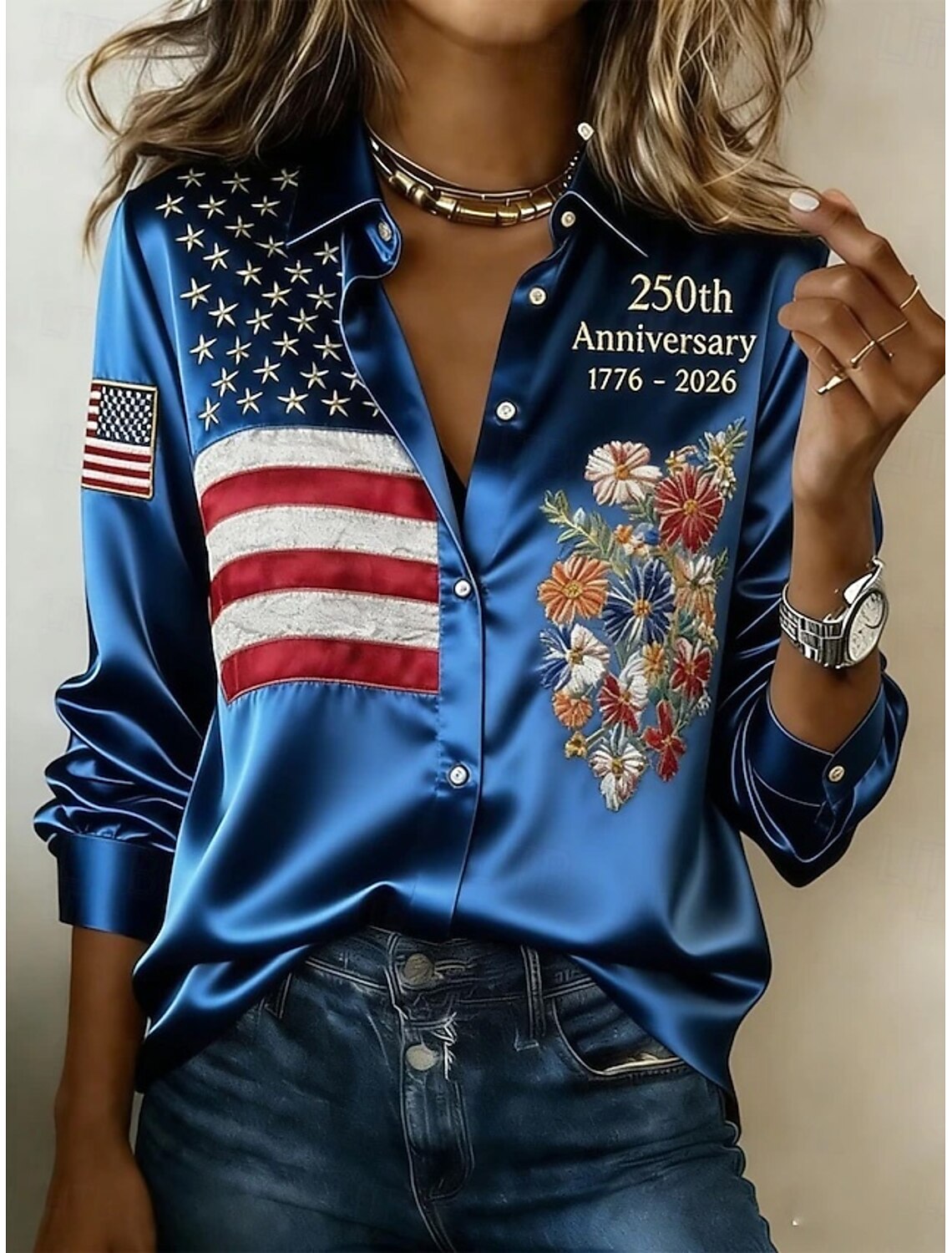 American Independence Day Women's Shirt Satin Shirt Button Down Shirt Casual Shirt Print Graphic Flag Classic Casual Long Sleeve Shirt Collar Regular Tops Daily Holiday Going out Blue Sky gray Yellow
