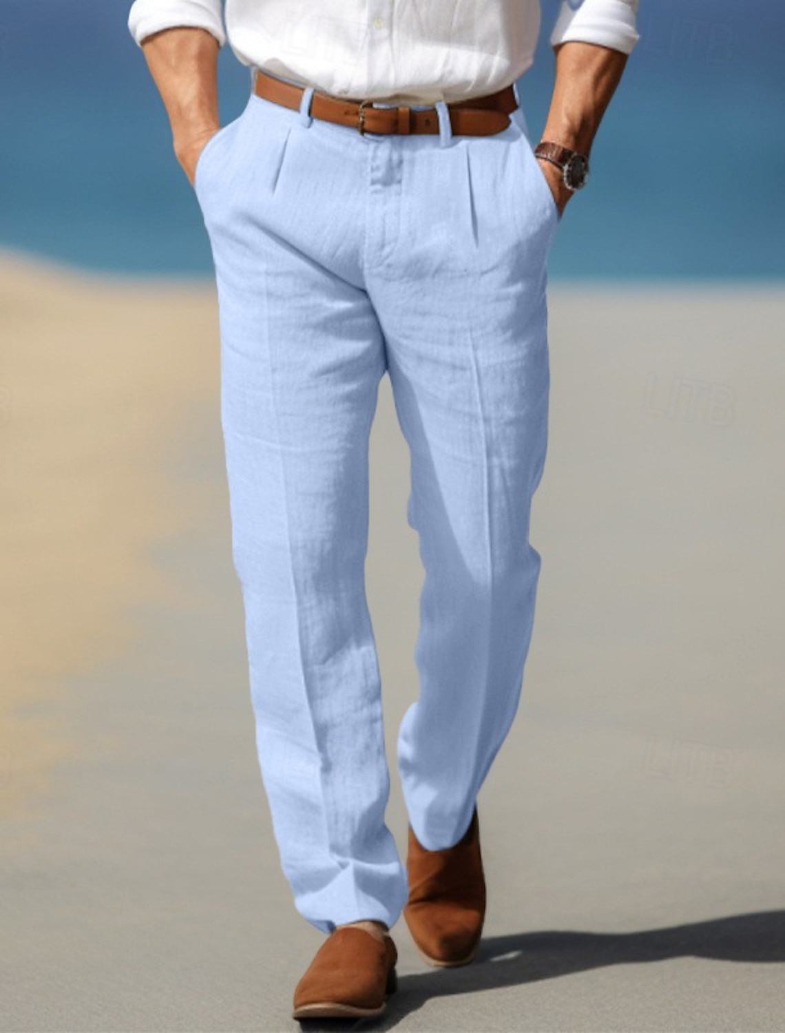 Men's Linen Pants Trousers Casual Pants Summer Pants Pleated Buttons Plain Comfort Breathable Full Length Daily Business Holiday Fashion Classic Style Blue Khaki Inelastic