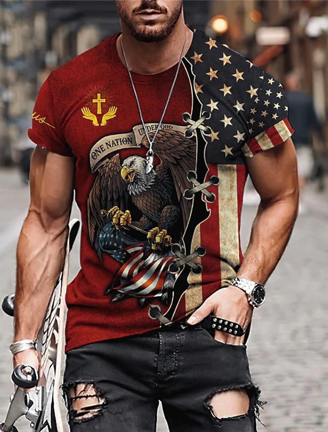 4th of July 2026 250th Memorial Day Men's Patriotic Patriot Graphic 3D Print American Flag Veteran Crew Neck Short Sleeve T-Shirt