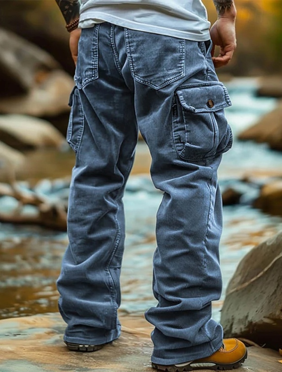 Men's Cargo Pants Corduroy Trousers Baggy Casual Elastic Waist Multi