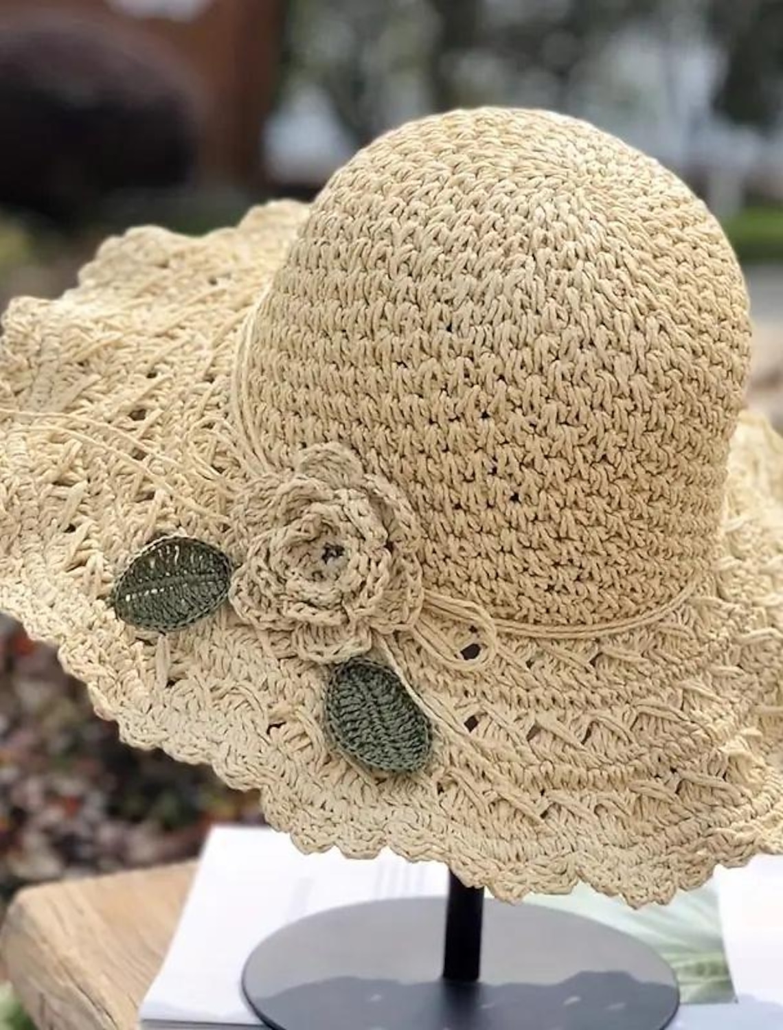 Women's Sun Hat Beige Crochet Flower Detail Wide Brim Beach Garden Party Elegant Accessory One Size Fits Most Spring Summer Apparel