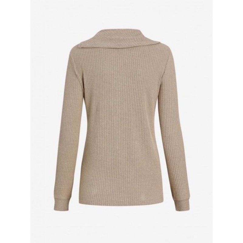 Turn Down Collar Buttoned Ribbed Knit Top CS9884