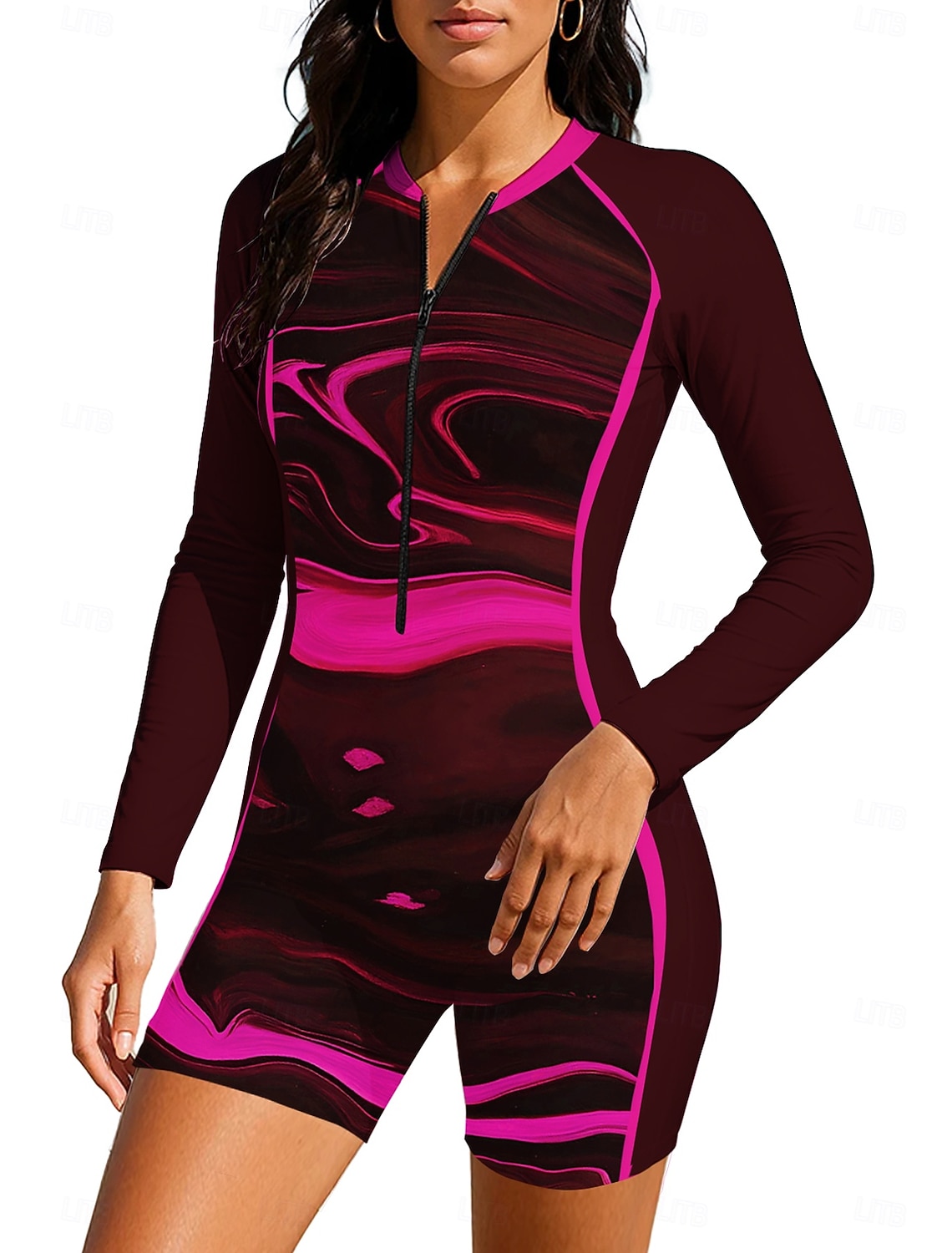 Women's Rash Guard Dive Skin Suit Bathing Suit Swimsuit Set Abstract Zip Up Removable Pad Front Zip UV Sun Protection UPF50+ Ultra Light (UL) Long Sleeve Swimwear Sun Shirt Surfing Beach Water Sports