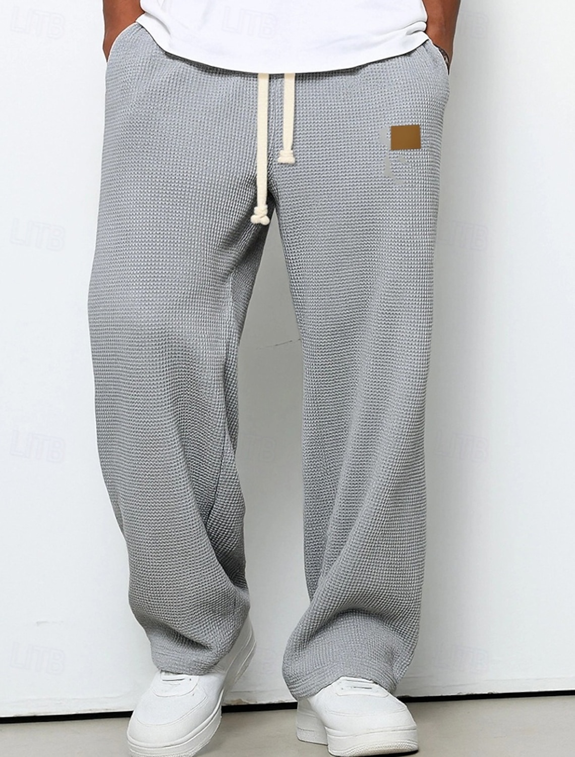Men's Sweatpants Trousers Straight Leg Waffle Pants Drawstring Pocket