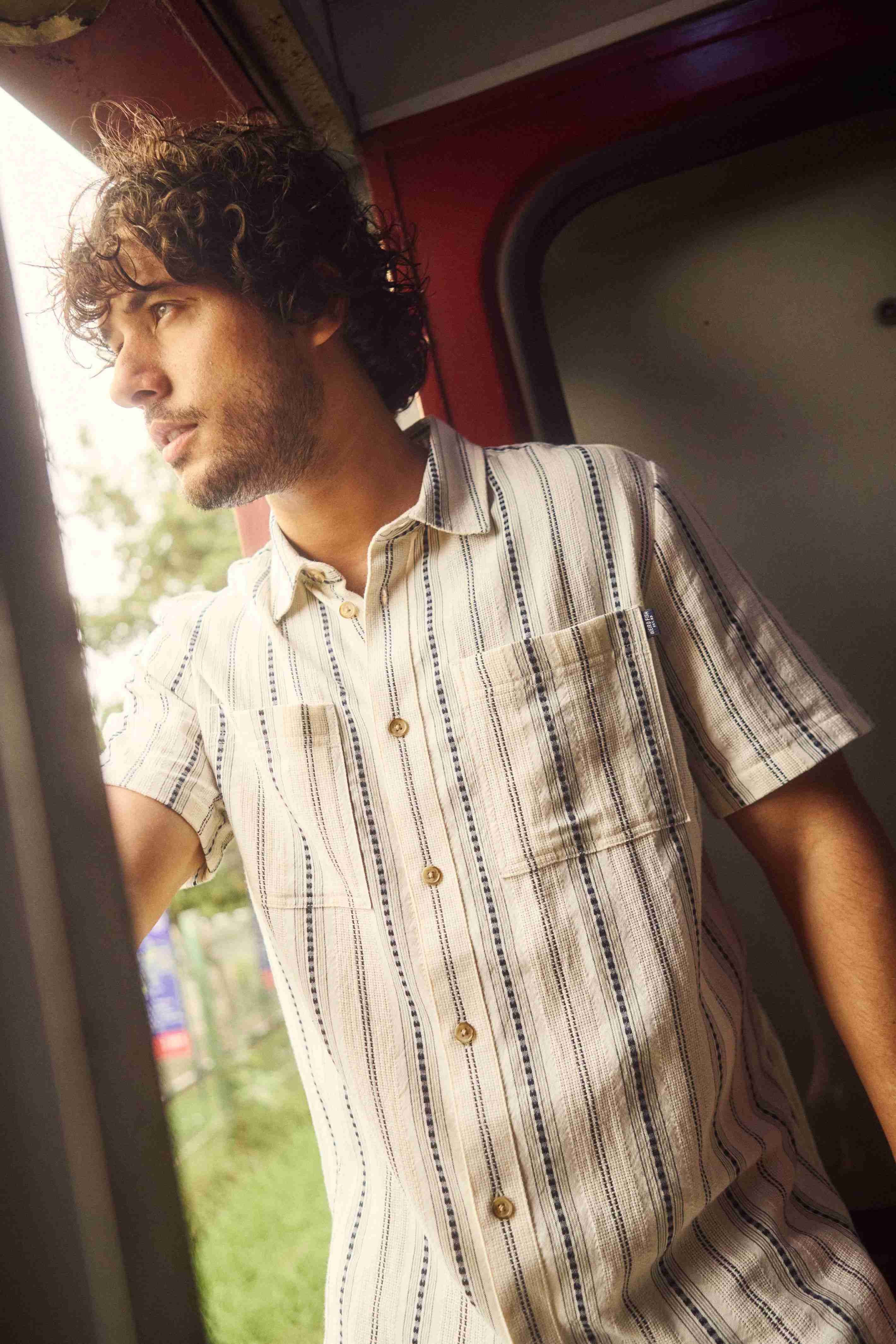 Madoc Woven Short Sleeve Striped Shirt Dusty White