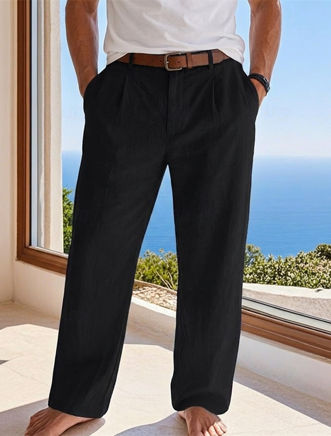 Men's Cotton Linen Pants Trousers Summer Pants Baggy Pants Beach Pants Pocket Solid Color Comfort Breathable Full Length Casual Daily Outdoor Vacation Fashion Blue Black Inelastic