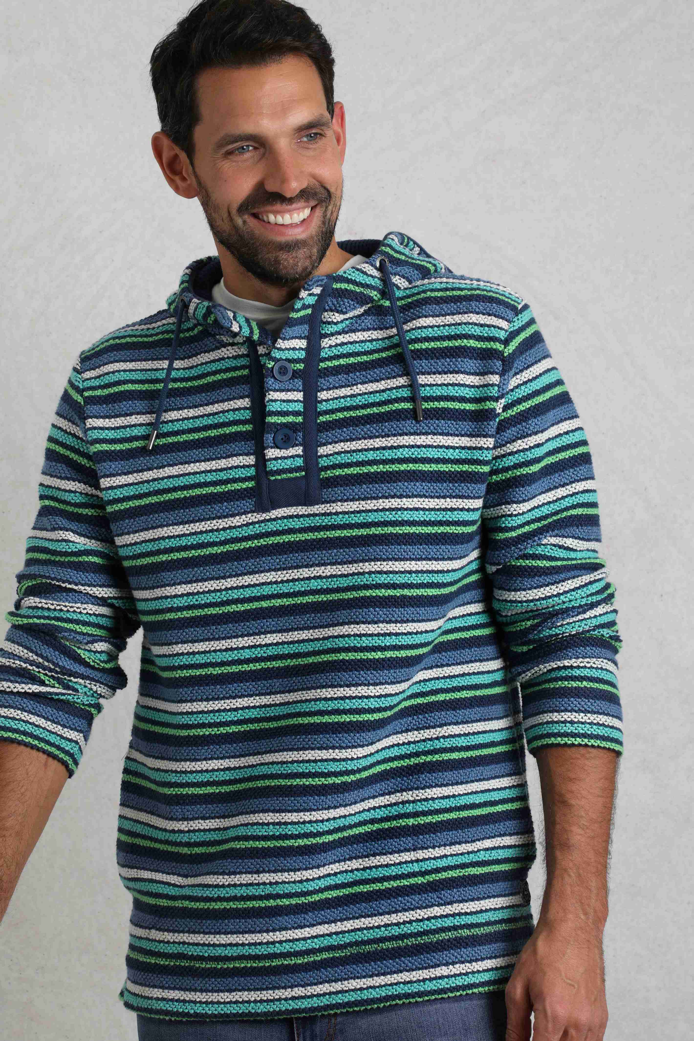 Payson Button Neck Striped Macaroni Hoodie Ensign Blue