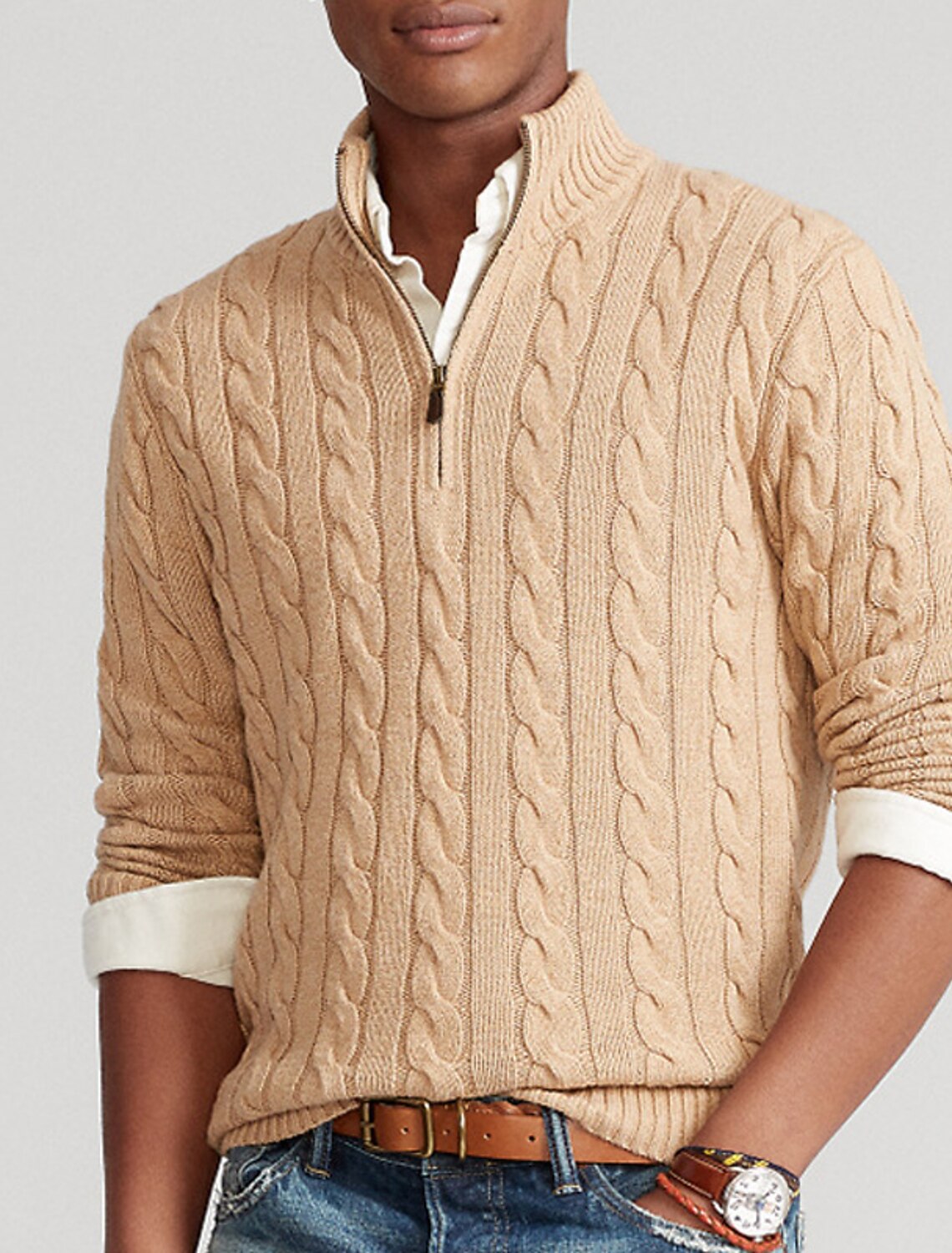 Men's Sweater Zip Quarter Pullover Ribbed Cable Knit Cropped Knitted