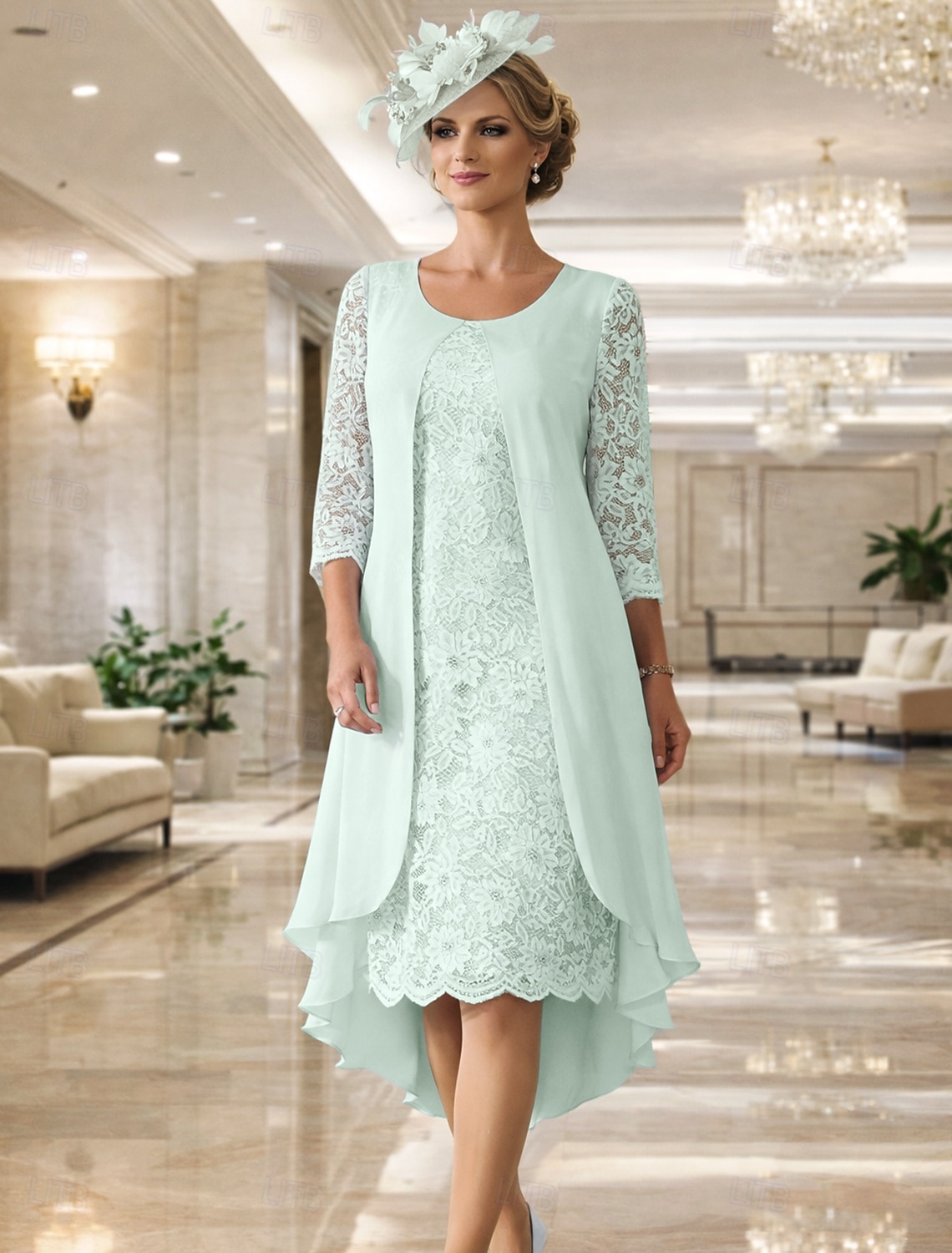 Two Piece A-Line Knee Length Wedding Guest Dress Mother of the Bride Dress Sleeveless Scoop Neck Elegant Wedding Guest Wedding Party Chiffon Lace Jacket Dresses with Pleats Appliques