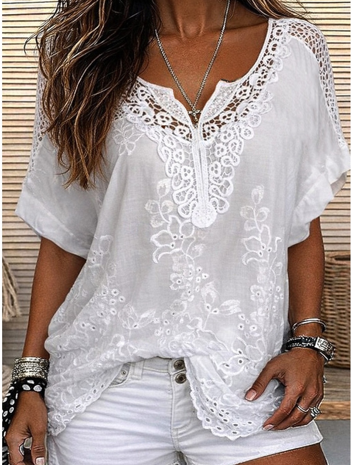 Women's Blouse Lace Solid Color Stylish Casual Short Sleeve V Neck Regular Tops Daily Blue Black White Orange Grey Summer Spring Fall