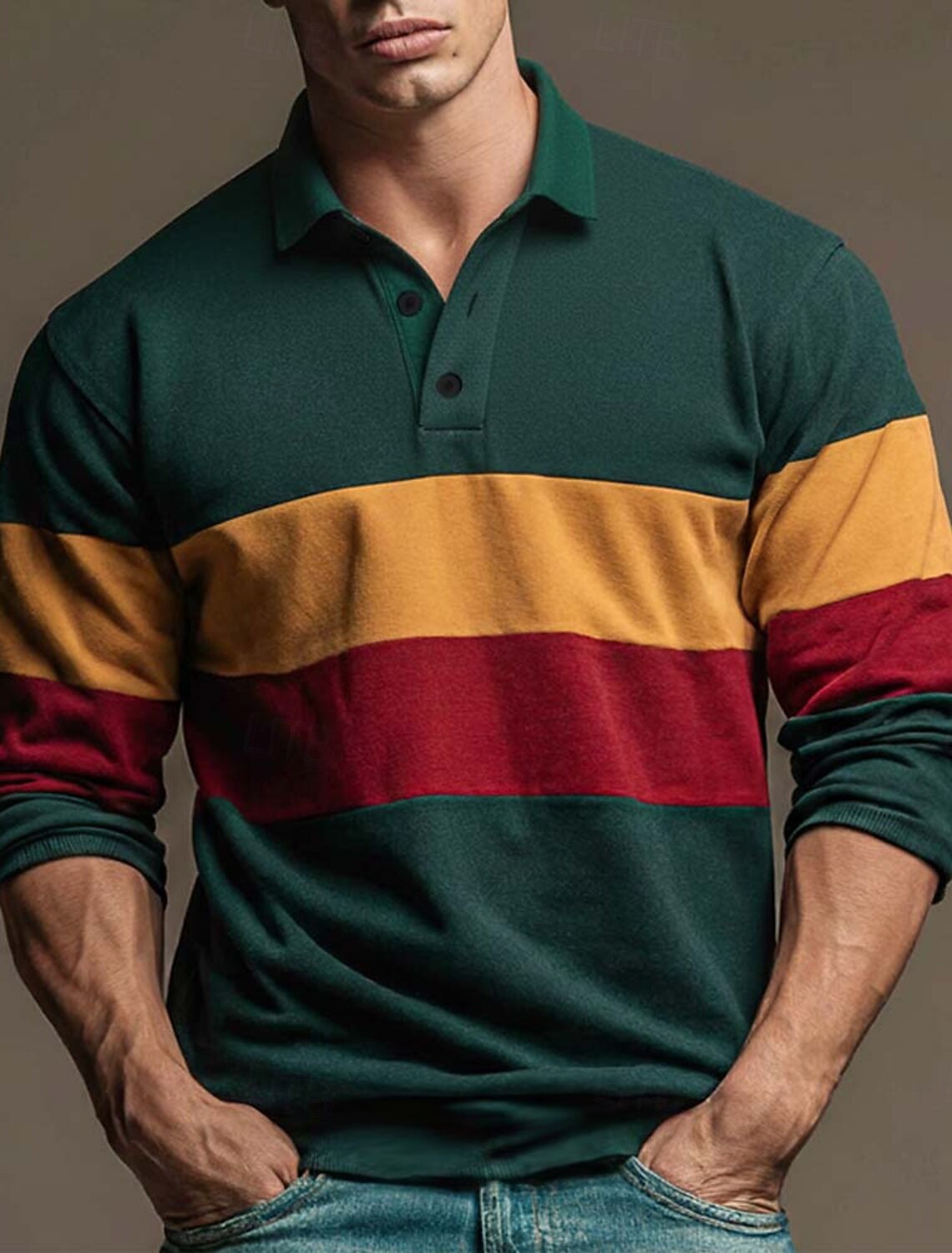 Men's Color Block Stripes Rugby Polo Long Sleeve Shirts Collared