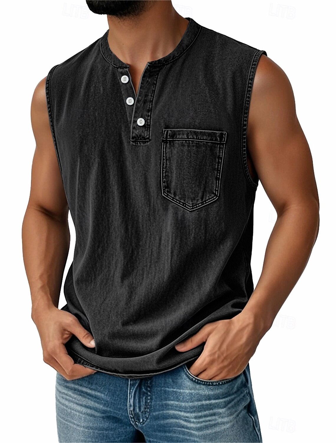 SoftFade™ Men's Vintage Vest Top 100% Cotton Acid Wash Undershirt Sleeveless Henley Shirt Summer Fall Plain Classic Vacation Street Black Top Tee for Men