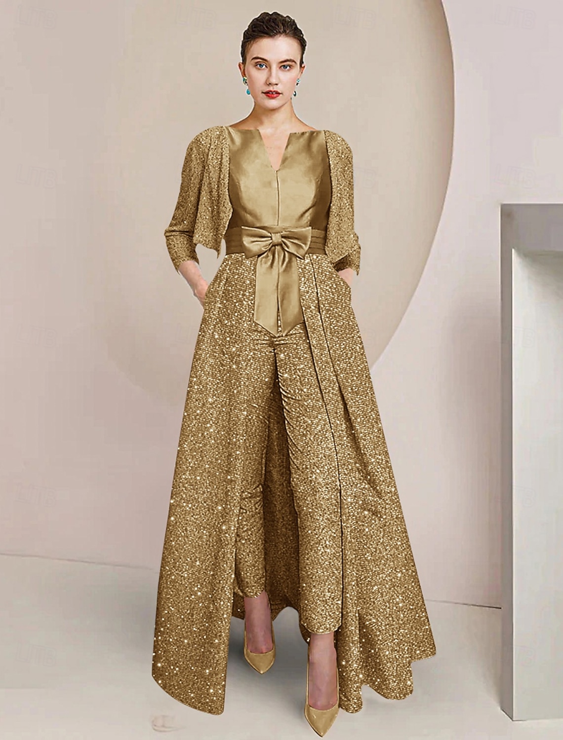 Jumpsuit Pantsuit 3 Piece Ankle Length Mother of the Bride Dress 3/4 Length Sleeve Scoop Neck Elegant Sparkle & Shine Formal Wedding Guest Wedding Party Sequined Wrap Included with Bow(s) Ruched