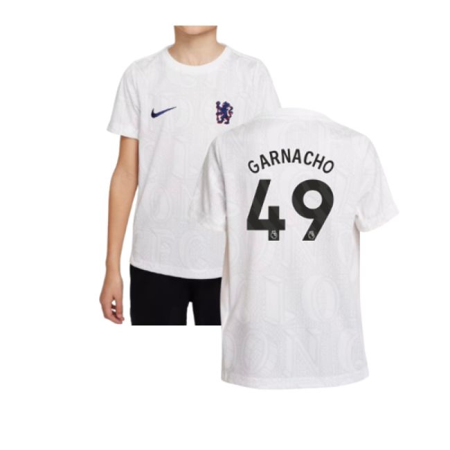Chelsea 2025-2026 Pre-Match Shirt (White) - Kids (Garnacho 49)